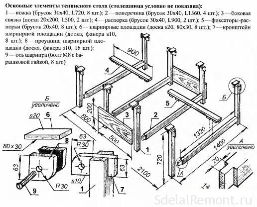 Чертеж складного теннисного стола