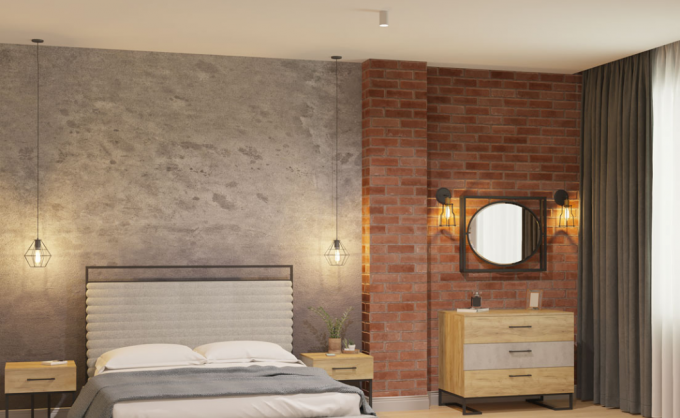 bedroom loft-style with a brick