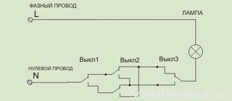 Подключение двух проходных и одного перекрестного - выключателей фото